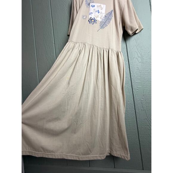 Vintage 90s Blast Floral Graphic Dress Beige Blue Botanical Print Medium - Picture 5 of 6